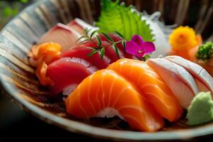 ai generato giapponese culinario abilità artistica popolare sfondo con sashimi riflettore foto
