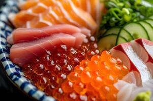 ai generato giapponese culinario abilità artistica popolare sfondo con sashimi riflettore foto
