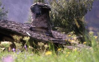 un' piccolo Casa con un' camino nel il mezzo di un' campo foto