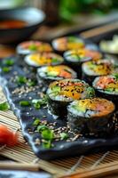 ai generato nikkei fusione arte assaporando Sushi rotoli con aji amarillo Salsa aioli foto