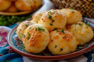 ai generato di ispirazione popolare piatto montatura il fascino di brasiliano enroladinho de queijo e presunto foto