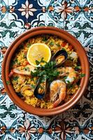 ai generato portoghese culinario eleganza salato ricetta su popolare ceramica foto