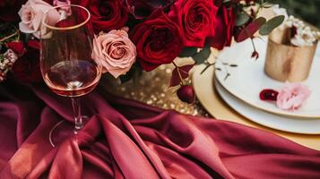 ai generato nozze e evento celebrazione tablescape con fiori, formale cena tavolo ambientazione con Rose e vino, elegante floreale tavolo arredamento per cena festa e vacanza decorazione, casa messa in piega foto