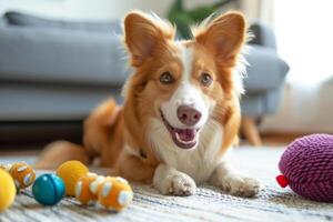 ai generato cane a casa nel il vivente camera giocando con il suo giocattoli. generativo ai foto