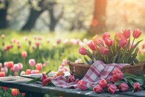 ai generato estate picnic tavolo ambientazione nel un' tulipano giardino. generativo ai foto