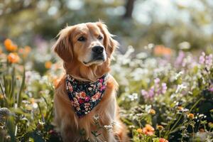 ai generato cane indossare un' bandana nel primavera giardino. generativo ai foto