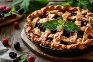 ai generato fatti in casa dolce mora torta fatto di fresco frutta. generativo ai foto