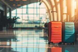 ai generato Due elegante valigie in piedi nel vuoto aeroporto sala. generativo ai foto