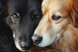 ai generato Due cani coccole insieme. Due adorabile cuccioli addormentato insieme vicino su. generativo ai foto