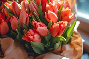 ai generato bellissimo mazzo di tulipani. floreale composizione. bellissimo fresco tagliare mazzo. generativo ai foto