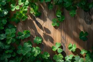 ai generato trifoglio le foglie su di legno tavolo. st. Patrick giorno sfondo. generativo ai foto