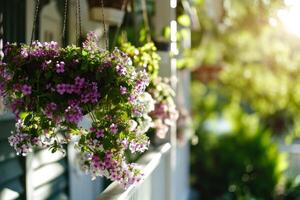 ai generato sospeso cesti di fioritura primavera fiori. generativo ai foto