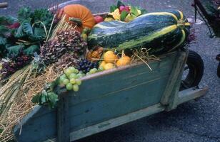 un' di legno carrello pieno con frutta e verdure foto