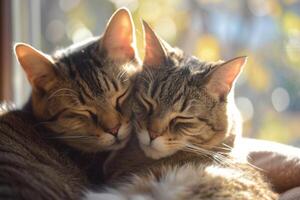 ai generato Due gatti coccole insieme. Due adorabile gattini addormentato insieme vicino su. generativo ai foto