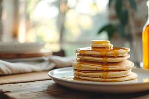 ai generato fatti in casa pila classico Pancakes con acero sciroppo. generativo ai foto