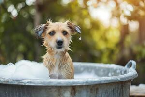 ai generato cane assunzione un' bagno nel il Giardino dietro la casa. generativo ai foto