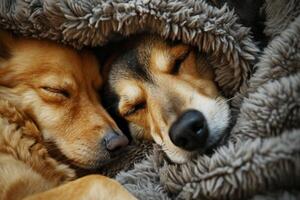 ai generato Due cani coccole insieme. Due adorabile cuccioli addormentato insieme vicino su. generativo ai foto