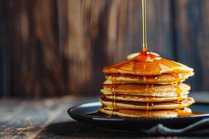 ai generato fatti in casa pila classico Pancakes con acero sciroppo. generativo ai foto