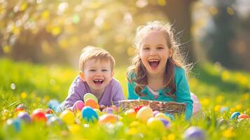 ai generato Due gioioso bambini raccolta colorato Pasqua uova nel il cestino nel il giardino su un' soleggiato giorno. foto