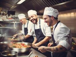 ai generato tre maschio chef preparazione cibo nel un' cucina di un' ristorante foto