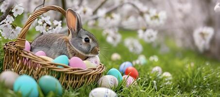 ai generato carino coniglio, colorato dipinto Pasqua uova e un' cestino su il erbe. concetto di contento Pasqua giorno. foto