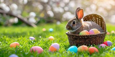 ai generato carino coniglio, colorato dipinto Pasqua uova e un' cestino su il erbe. concetto di contento Pasqua giorno. foto