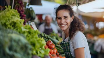 ai generato caucasico donna a verdure e frutta negozio. foto