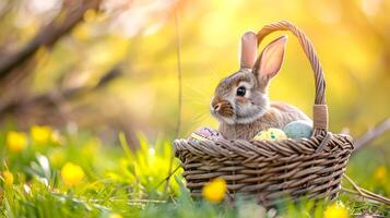 ai generato carino coniglio, colorato dipinto Pasqua uova e un' cestino su il erbe. concetto di contento Pasqua giorno. foto