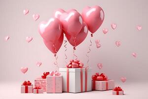 celebrazione San Valentino giorno con regalo scatola con velluto nastro e carta decorazione su bellissimo sfondo foto