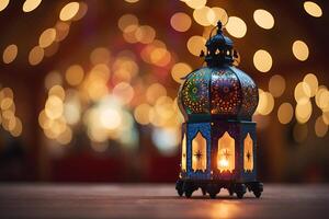 un islamico lampada o Arabo lanterna decorato con un' illuminato candela nel un' festivo invito carta per il santo mese di Ramadan foto