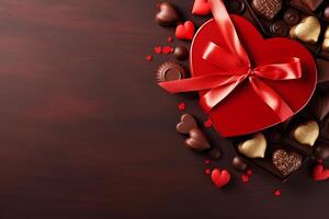 celebrazione San Valentino giorno con regalo scatola con velluto nastro e carta decorazione su bellissimo sfondo foto