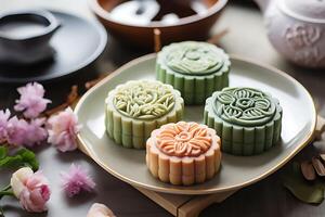 ai generato tradizionale Cinese pelle mooncakes per medio autunno Festival con frutta, taro e matcha incolla foto