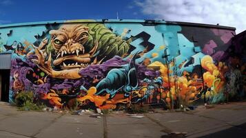 urbano graffiti arte su il lato di un' costruzione. ai generato foto