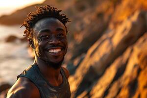 ai generato ritratto di contento africano americano uomo sorridente e guardare a telecamera mentre in piedi su spiaggia a sunse foto