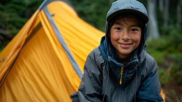 ai generato ritratto di asiatico ragazzo sorridente e guardare a telecamera nel tenda nel foresta foto