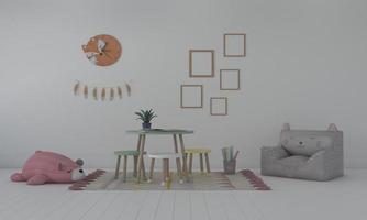 camera dei bambini, casa dei giochi, mobili per bambini con mockup di giocattoli e cornici foto