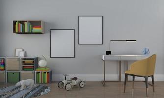 camera dei bambini, casa dei giochi, mobili per bambini con mockup di giocattoli e cornici foto