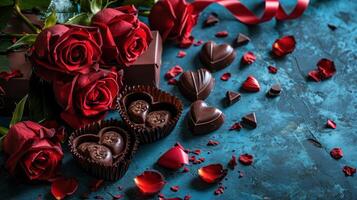 ai generato elegante seduzione Rose e cuore cioccolatini foto