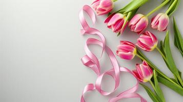 ai generato eleganza nel rosa tulipani e raso nastro foto