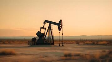 ai generato foto di greggio olio pumpjack impianto a tramonto. concetto arte di olio produzione o problemi di natura protezione