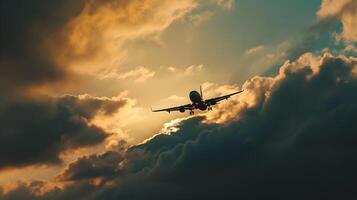 ai generato bellissimo foto di aereo su tramonto simboleggiante la libertà di movimento. concetto di aria mezzi di trasporto