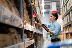 magazzino lavoratore nel sicurezza uniforme con tavoletta computer guardare a merce nel grande magazzino la logistica e esportare attività commerciale la logistica distribuzione centro. foto