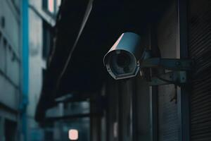 ai generato avvicinamento di un' cctv telecamera. costantemente puntamento persone o sociale sicurezza concetto foto