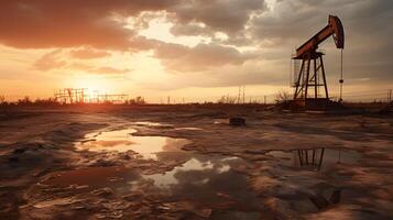 ai generato foto di greggio olio pumpjack impianto a tramonto. concetto arte di olio produzione o problemi di natura protezione