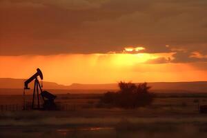 ai generato foto di greggio olio pumpjack impianto a tramonto. concetto arte di olio produzione o problemi di natura protezione