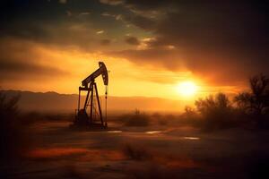 ai generato foto di greggio olio pumpjack impianto a tramonto. concetto arte di olio produzione o problemi di natura protezione