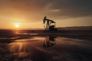 ai generato foto di greggio olio pumpjack impianto a tramonto. concetto arte di olio produzione o problemi di natura protezione