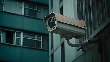 ai generato avvicinamento di un' cctv telecamera. costantemente puntamento persone o sociale sicurezza concetto foto