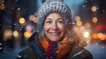 ai generato sera ritratto di allegro mezzo anziano donna su inverno strada illuminato di vivace notte luci foto