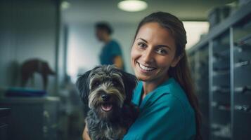 ai generato giovane veterinario ragazza azioni gioioso momento con giocoso cane nel clinica simboleggia importanza di animale domestico controlli foto